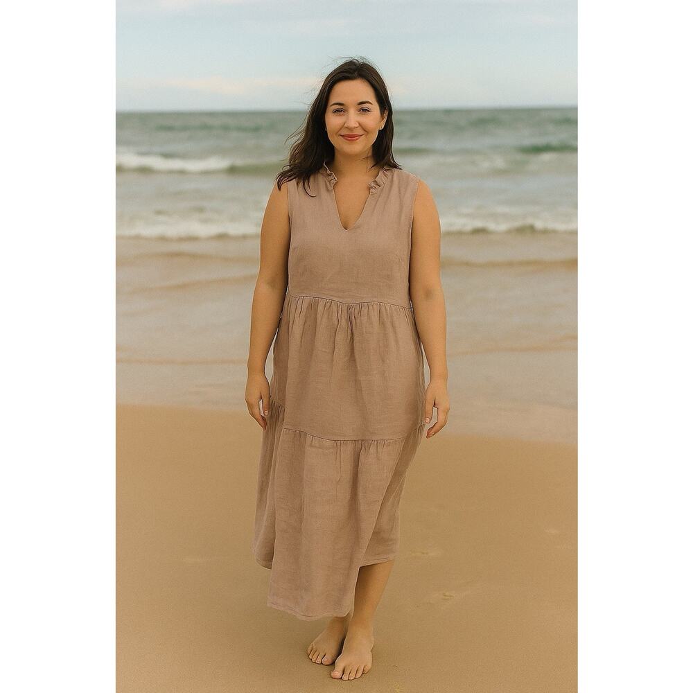 Large Minimalist Boho Tiered 100% linen midi Dress Frill Neck ,Flowy ,breathable